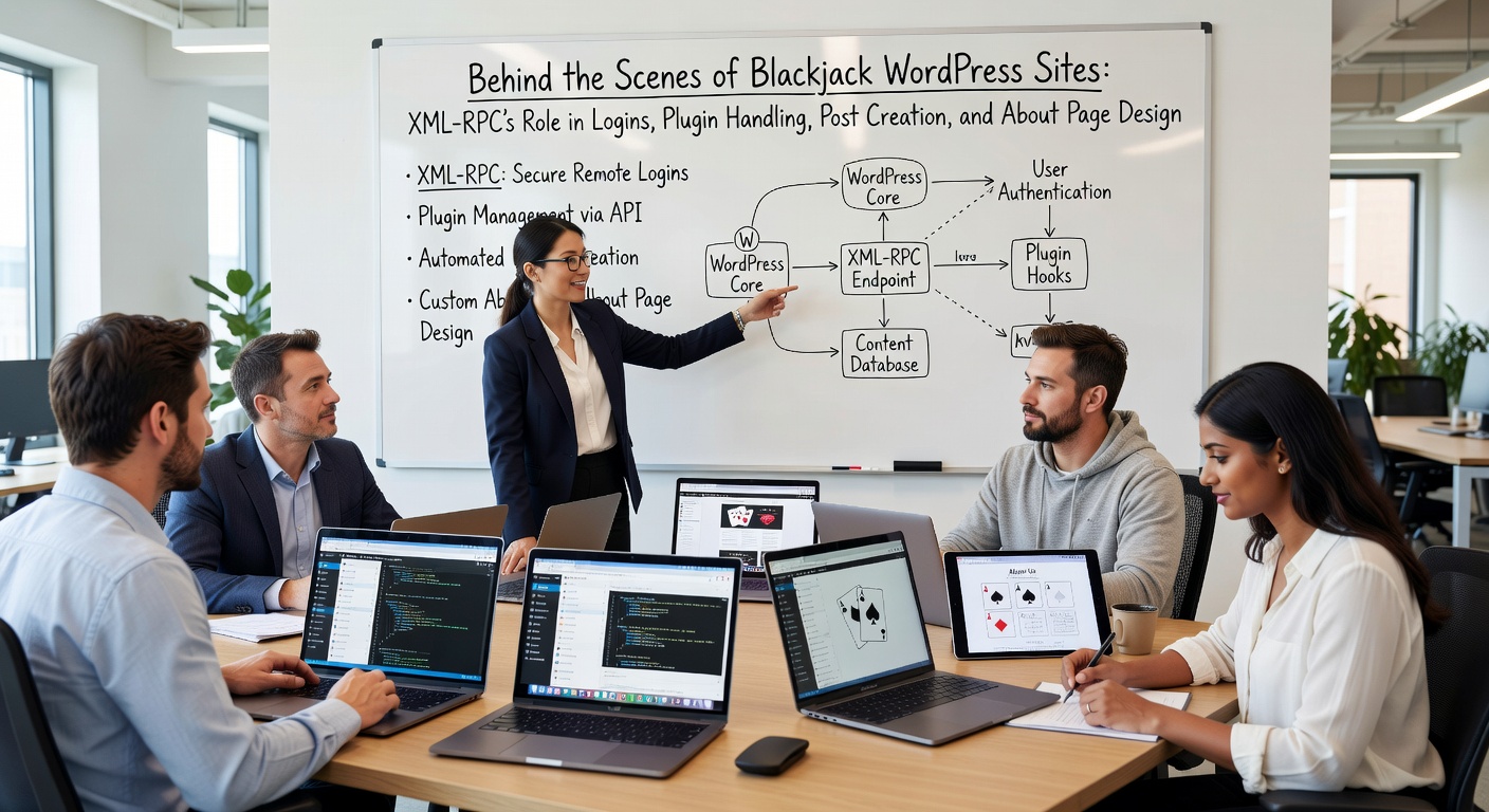 Schematische illustratie van XML-RPC-dataflows in een WordPress blackjack-site, met pijlen die logins, plugins en posts verbinden
