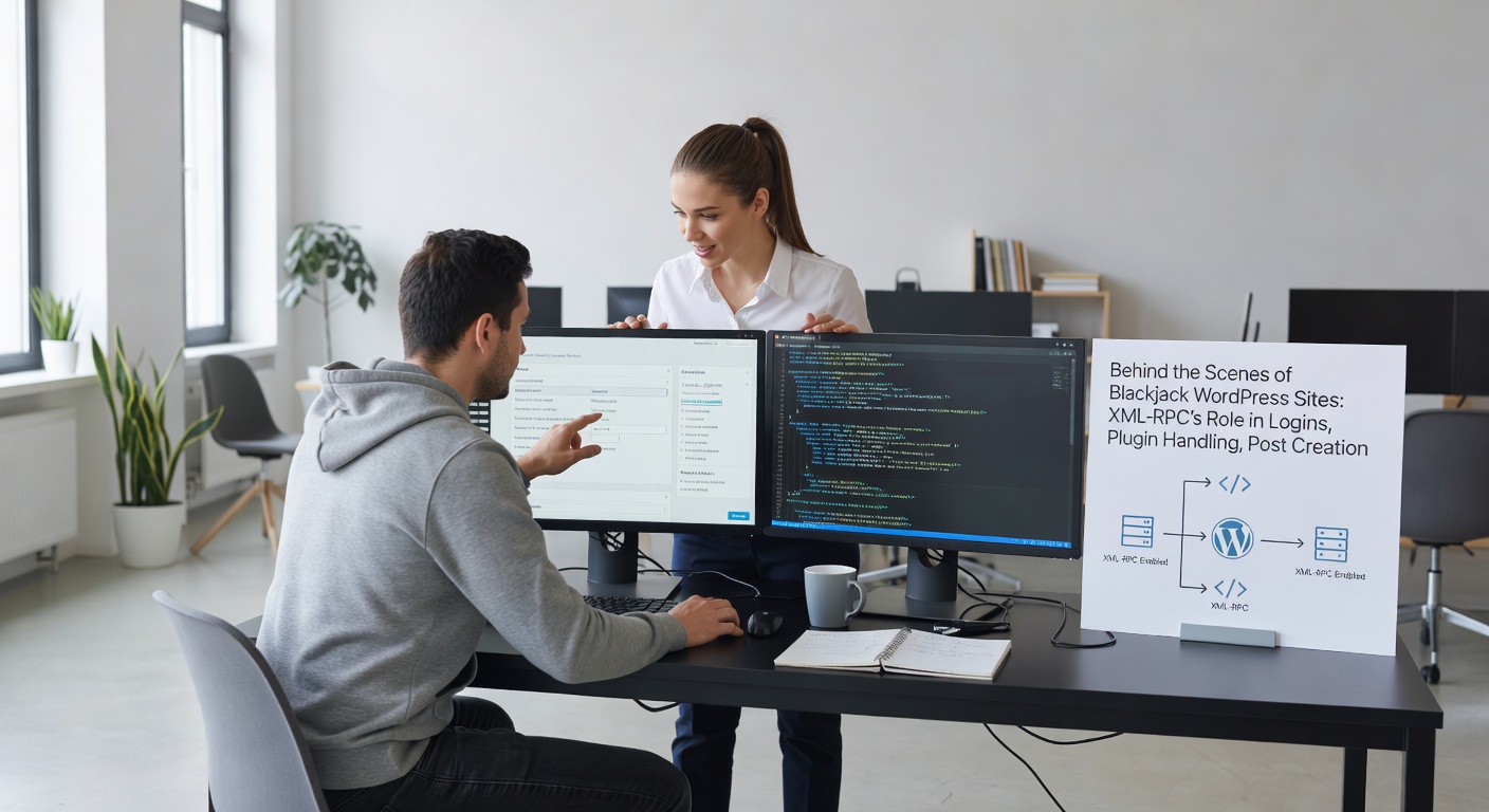 Voorbeeld van een XML-RPC-call in actie, met codefragmenten voor postcreatie en pluginbeheer op een blackjack WordPress-dashboard