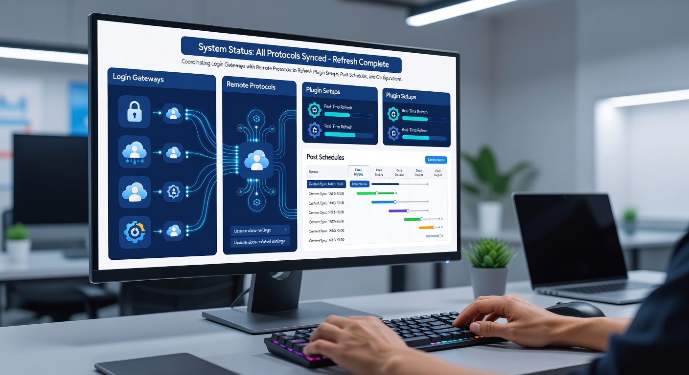 Diagram van plugin synchronisatie en postplanning via XML-RPC in een gaming resource hub