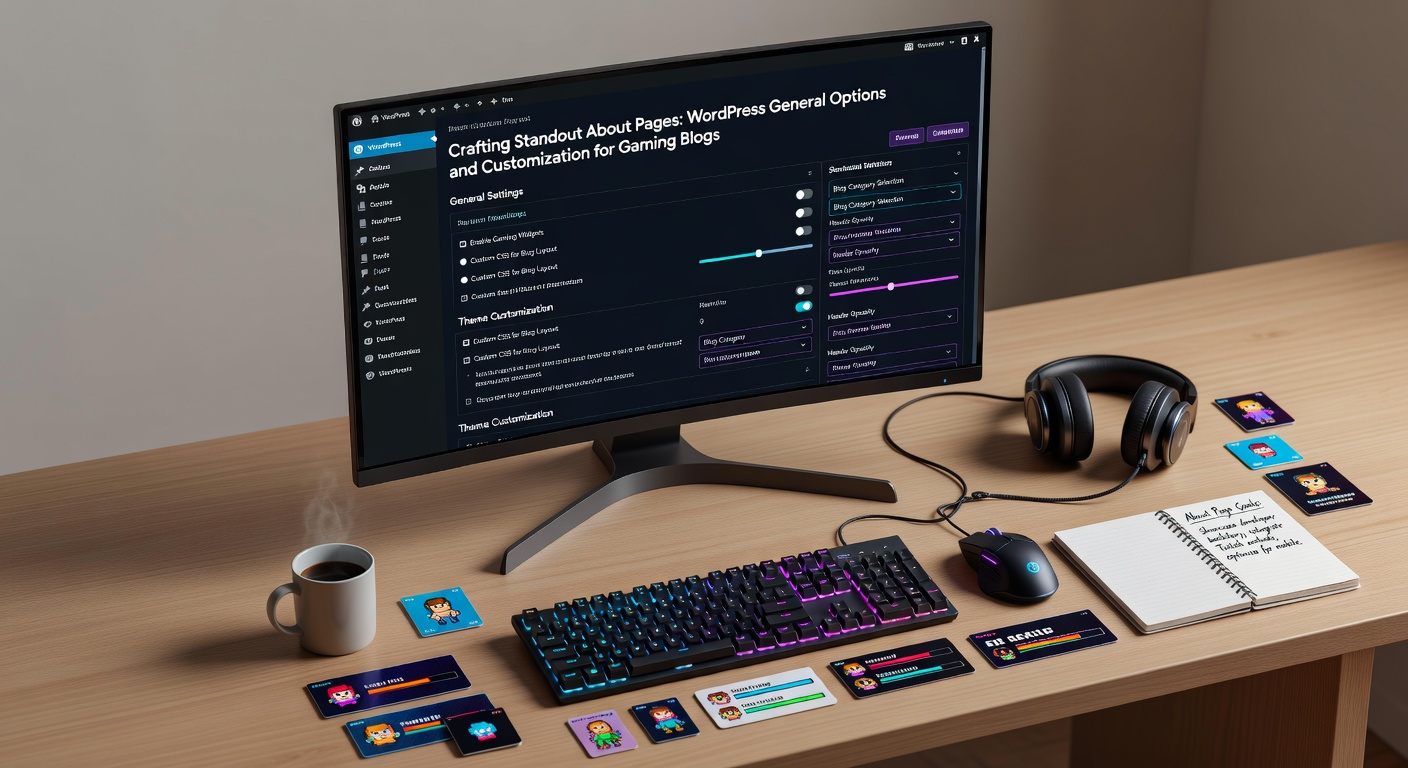 Schermafbeelding van een WordPress-dashboard met de pagina-editor voor een gamingblog's 'Over Ons'-pagina, inclusief thema-opties en aanpassingen