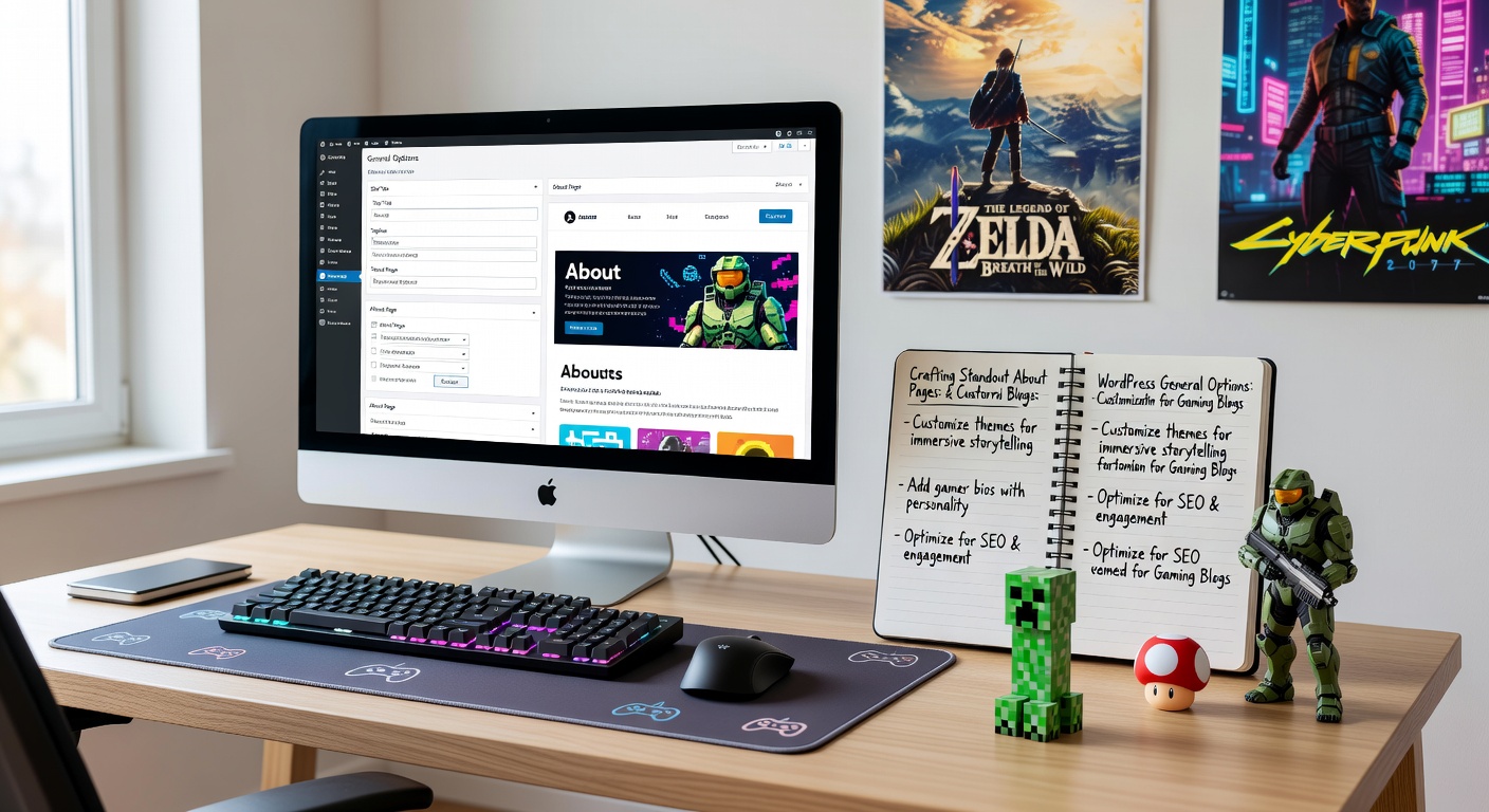 Voorbeeld van een gepersonaliseerde 'Over Ons'-pagina op een gamingblog, met custom kleuren, gaming-afbeeldingen en teamprofielen in een twee-koloms lay-out