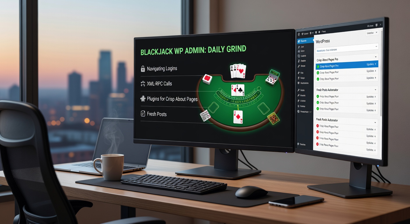 Schermafbeelding van een typisch Blackjack WordPress dashboard met login-scherm en plugin-overzicht, illustrerend dagelijkse beheerstaken