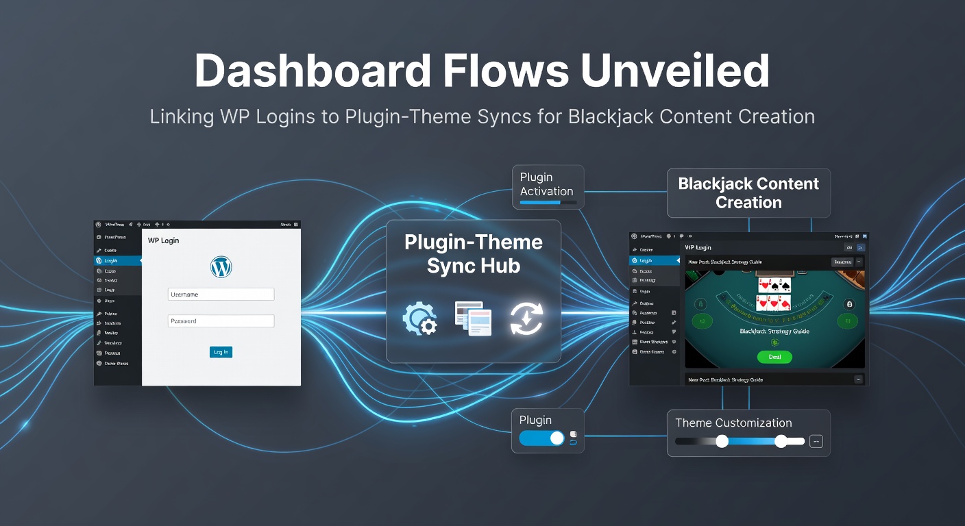Schermafbeelding van een WordPress dashboard met zichtbare login-flows en plugin-synchronisaties voor blackjack-contentbeheer