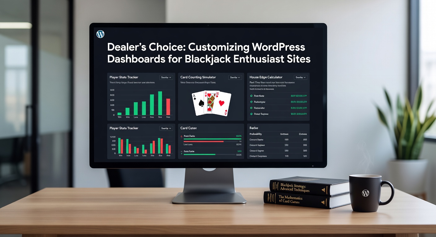 Schermafbeelding van een gepersonaliseerd WordPress-dashboard met blackjack-gerelateerde menu-opties en widgets voor liefhebberssites
