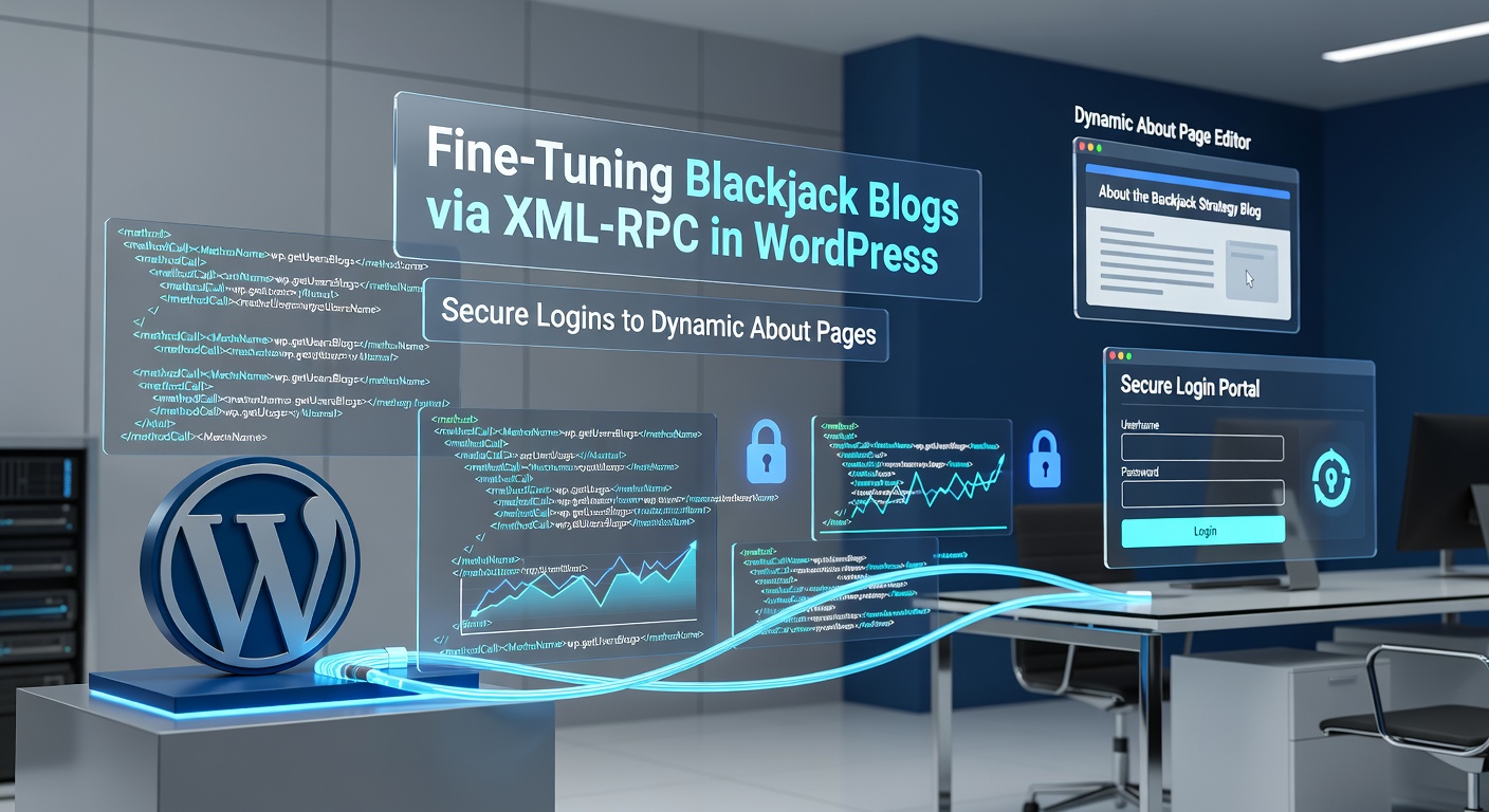 Schermafbeelding van WordPress dashboard met XML-RPC instellingen voor een blackjack blog, inclusief login-prompt en about-pagina preview