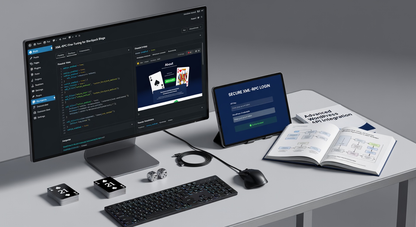Voorbeeld van een dynamische 'Over Ons'-pagina op een blackjack WordPress blog, met XML-RPC gegenereerde contentblokken en beveiligde login overlay