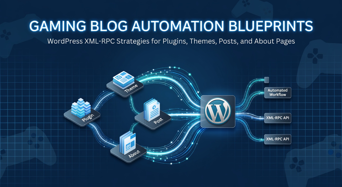 Schematische weergave van WordPress XML-RPC automatisering voor gaming blogs, met pijlen die plugins, themes, posts en about-pagina's verbinden