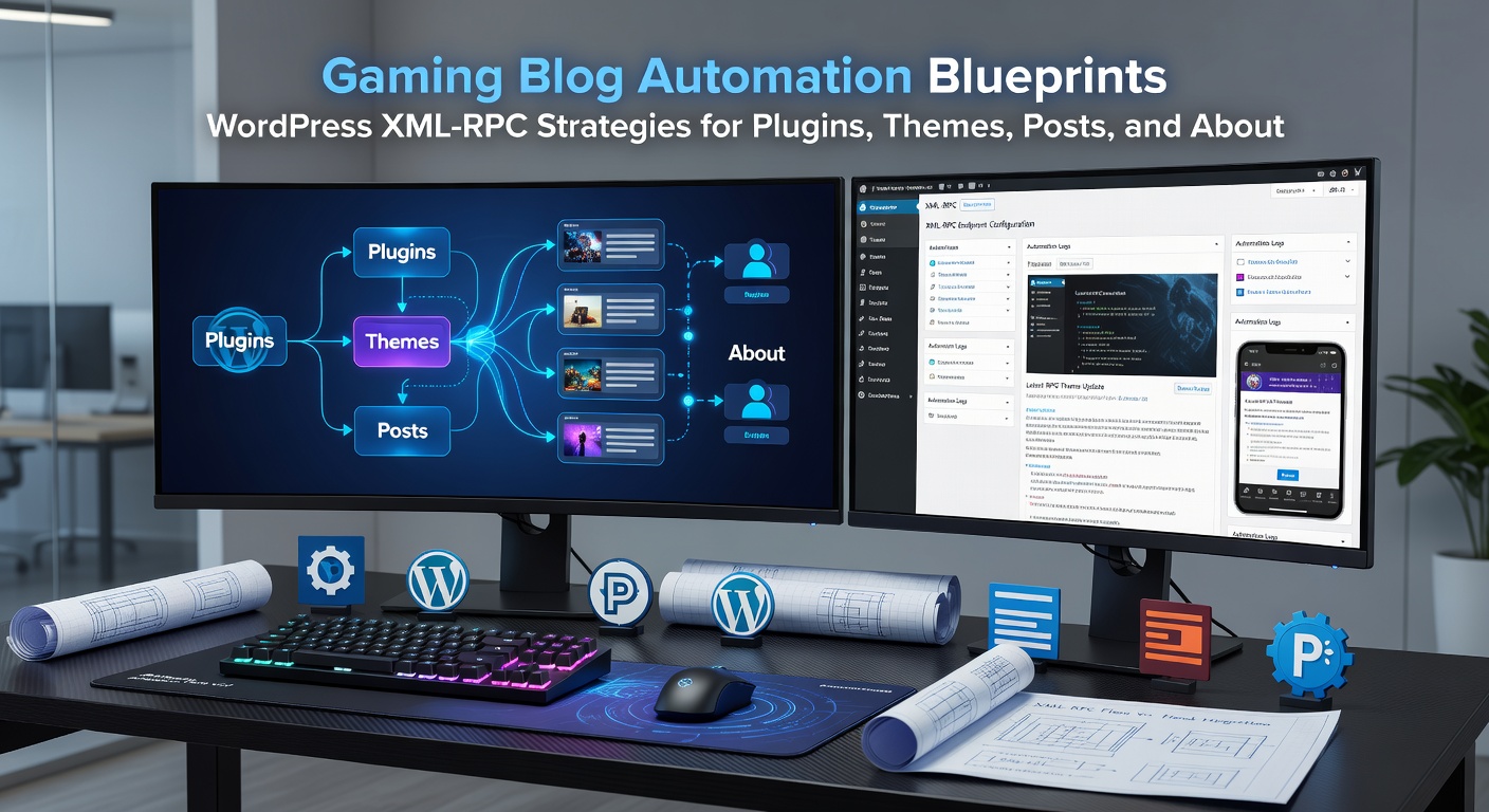Voorbeeld van een geautomatiseerde WordPress theme-switch via XML-RPC, met gaming blog interface op een dashboard-scherm