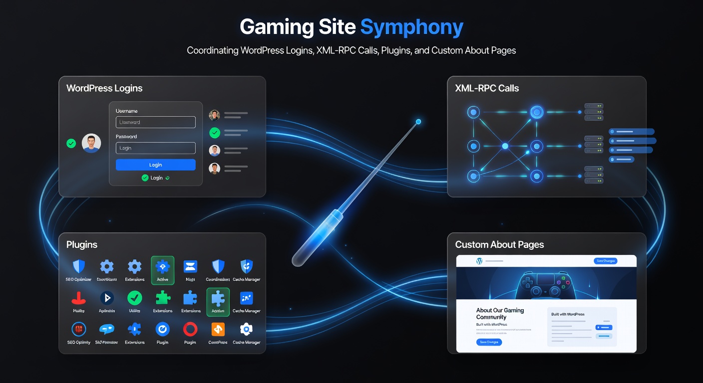 Visualisatie van XML-RPC calls in actie op een gaming WordPress site, met pijlen die logins, plugins en pagina-aanpassingen verbinden