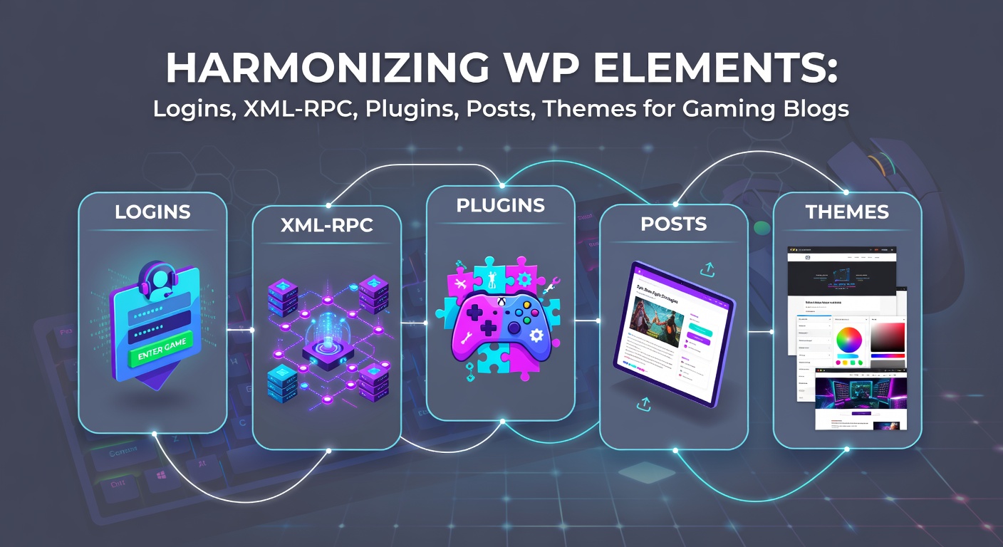 Overzicht van geïntegreerde WordPress-elementen in een gaming blog dashboard, met logins, XML-RPC-interfaces en thema-aanpassingen zichtbaar
