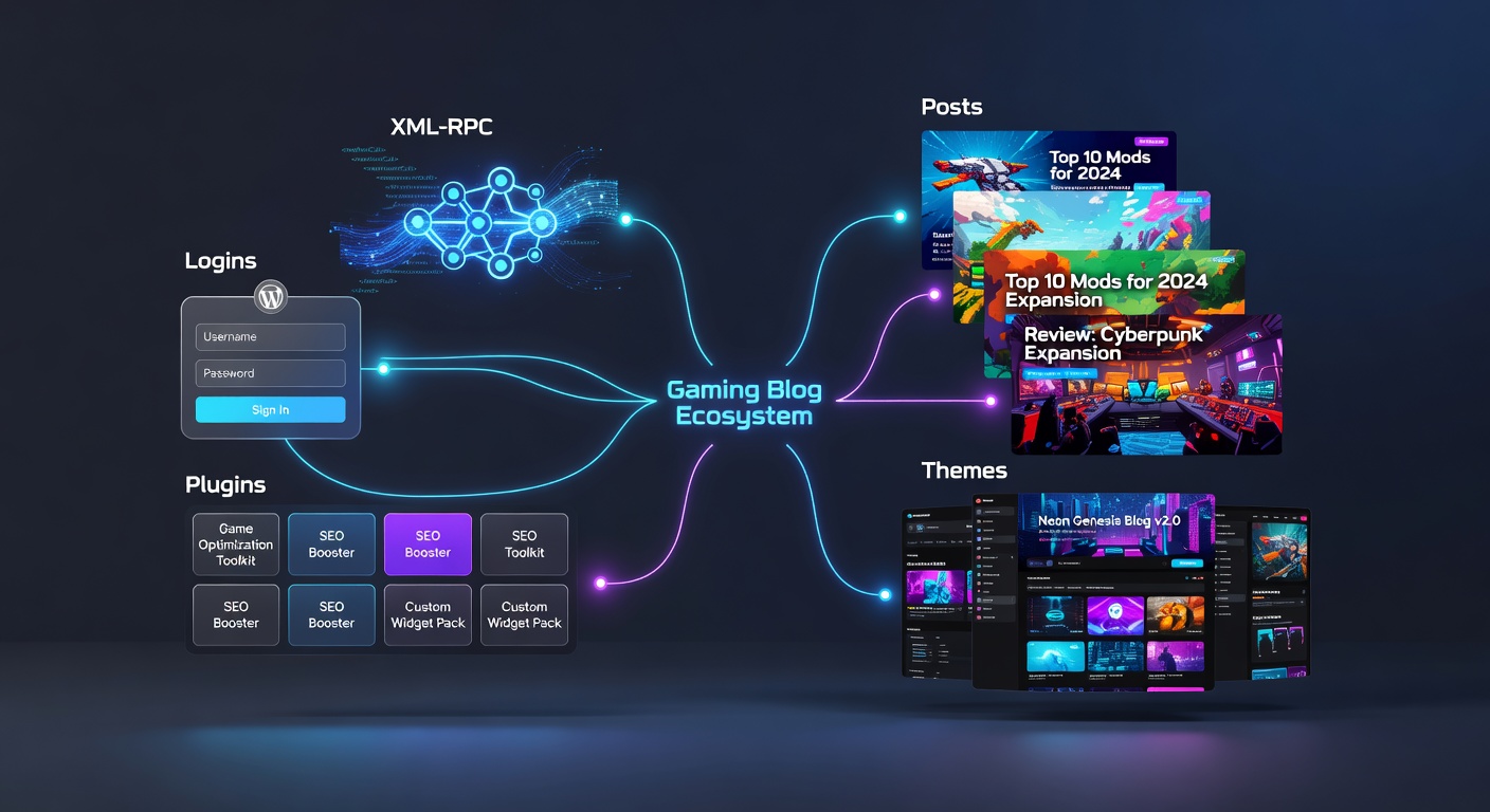 Voorbeeld van een harmoniseerde WordPress-interface voor gaming blogs, tonen XML-RPC-calls, plugin-integraties en thema-personalisatie in actie