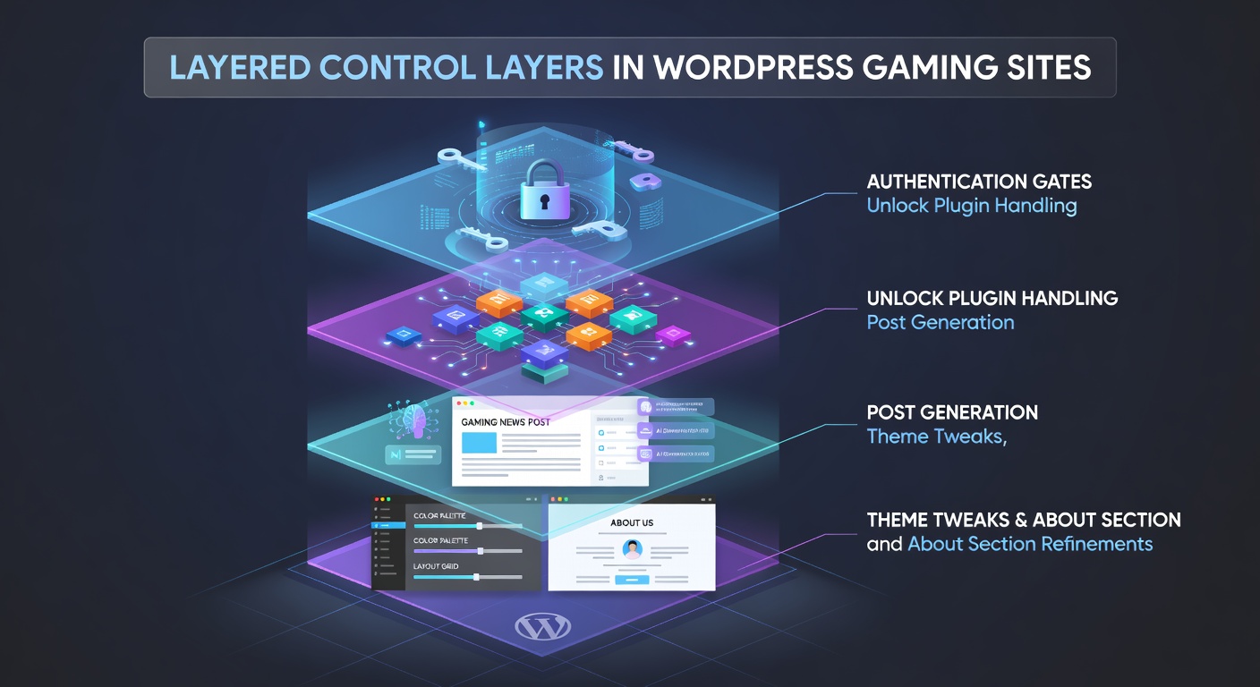 Schematische weergave van gelaagde controlelagen in een WordPress gaming site, met authenticatie als centrale poort