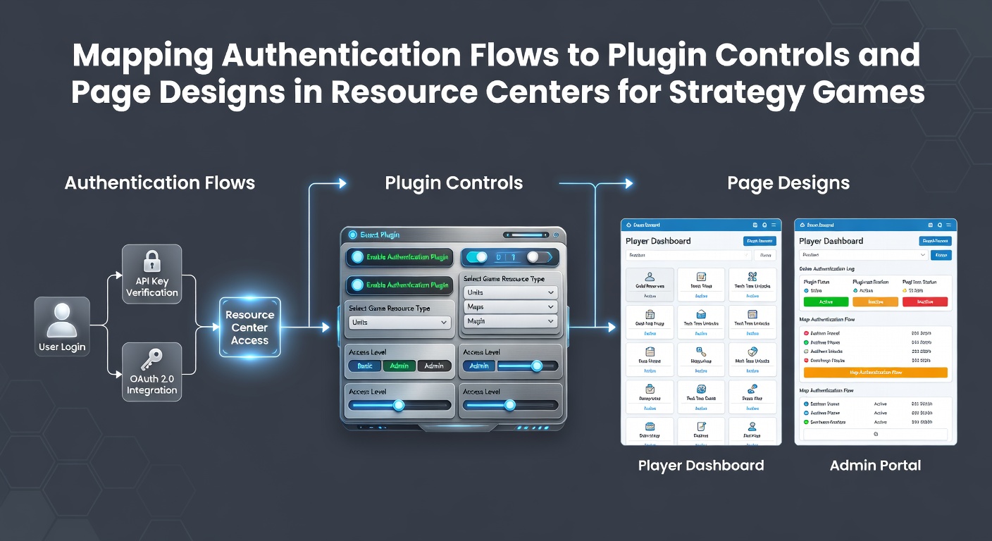 Diagram dat authenticatiestromen verbindt met plugincontrols en paginadesigns in een resource center voor strategiespellen