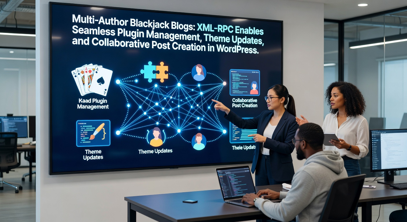 Schermafbeelding van een WordPress dashboard met XML-RPC integraties voor multi-author blackjack blogbeheer, inclusief pluginlijsten en theme-opties