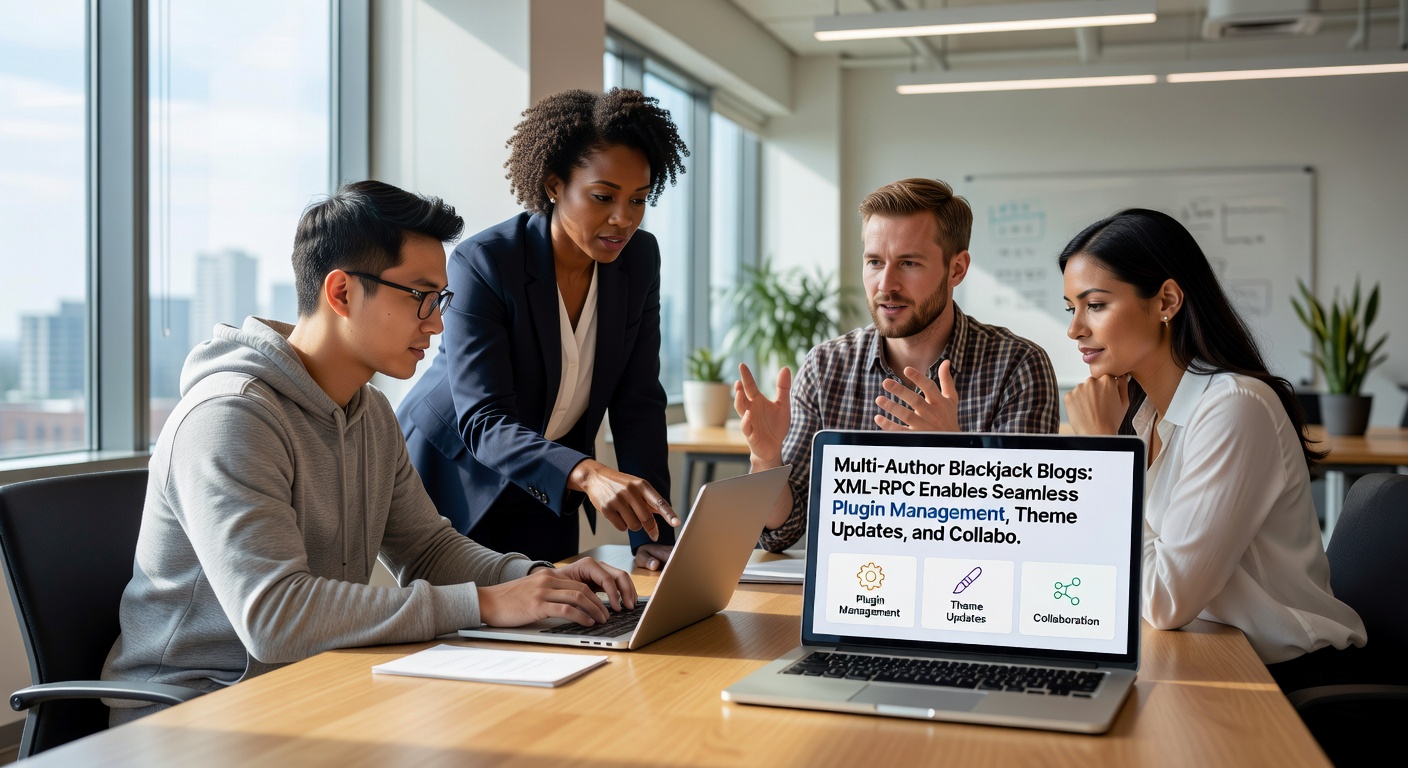 Voorbeeld van XML-RPC interface in een multi-author WordPress site voor blackjack blogs, met zichtbare plugin-updates en collaborative post drafts