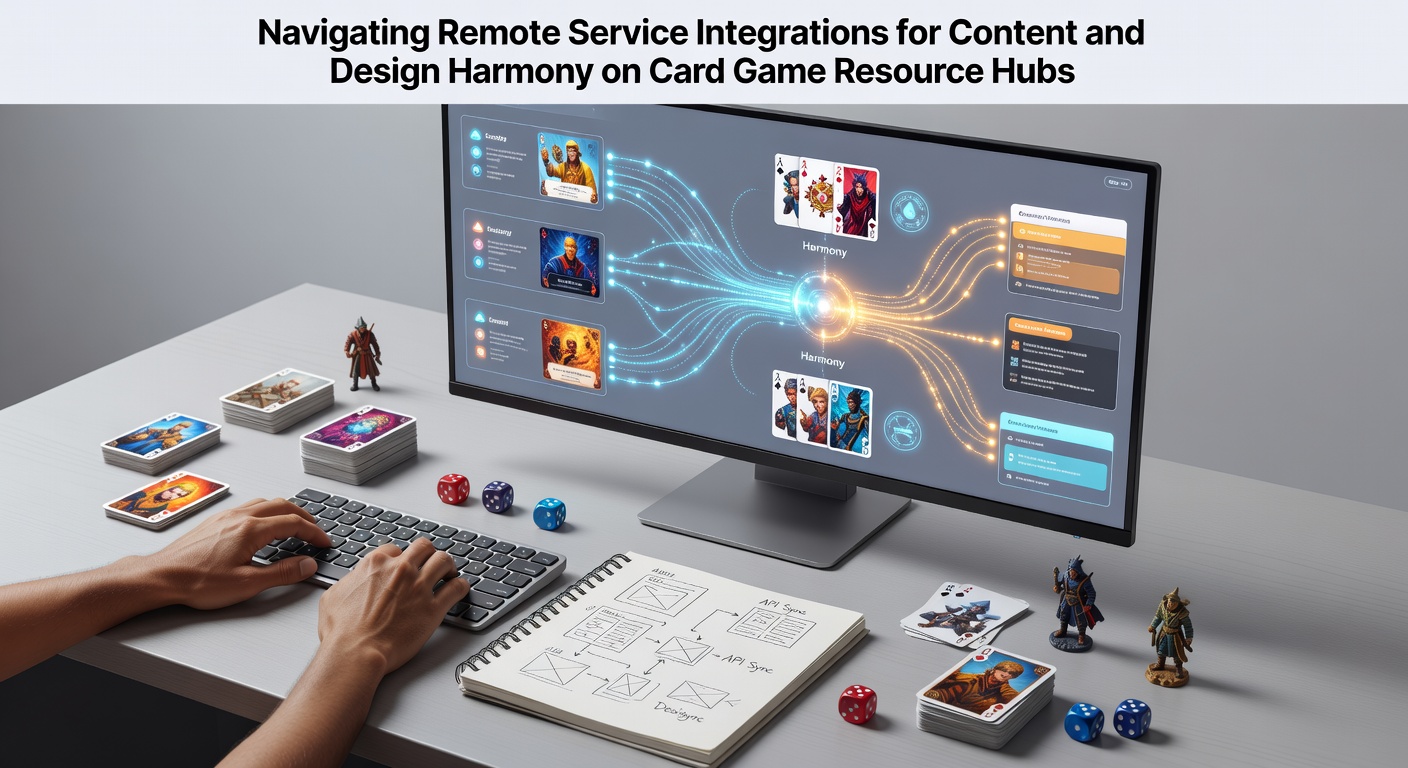 Overzicht van integratielagen op een kaartspelresourcehub met verbonden systemen voor content en design