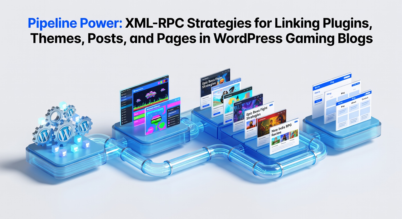 Schematische weergave van XML-RPC-pijplijnen die plugins, themes, posts en pages verbinden in een WordPress gaming blog dashboard