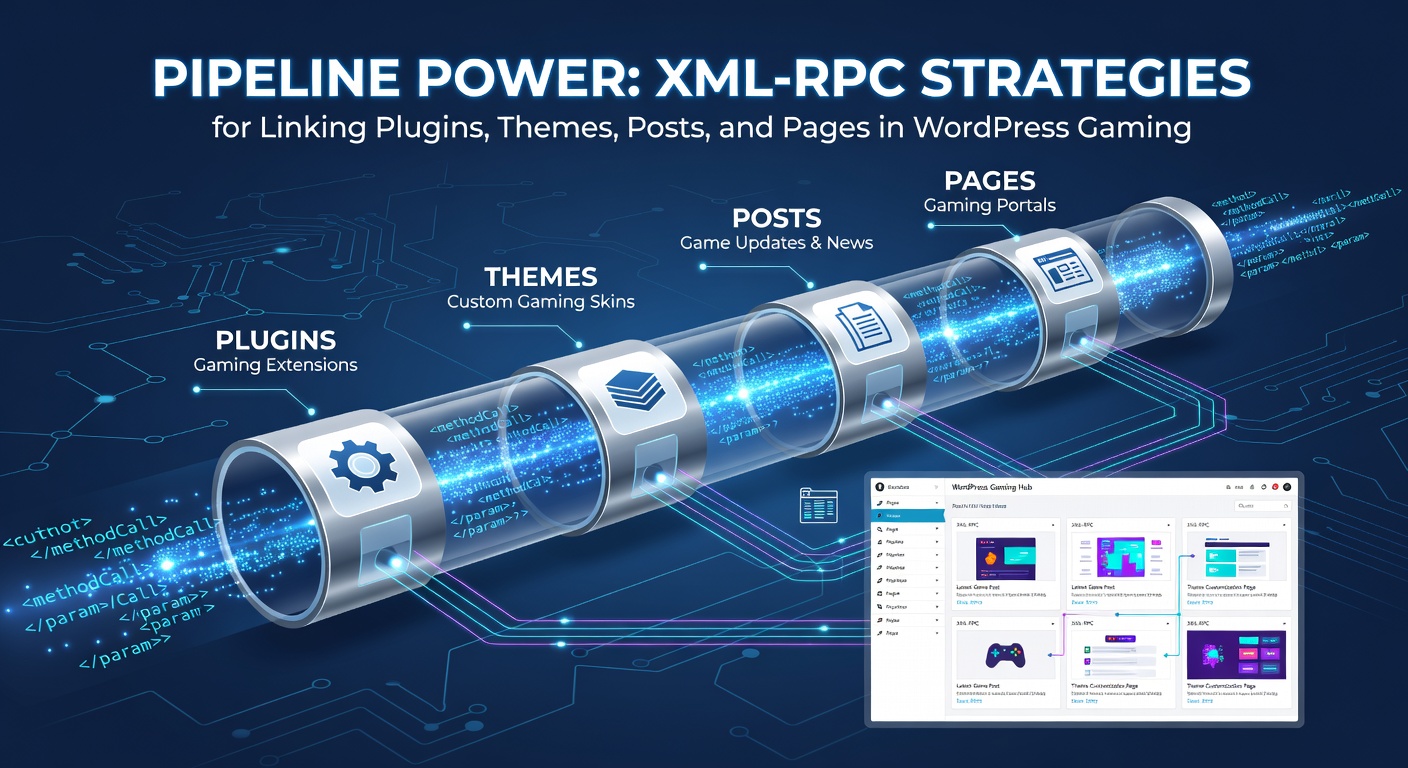 Voorbeeld van een XML-RPC-pipeline in actie, met pijlen die plugins naar themes en posts leiden in een WordPress gaming blog interface