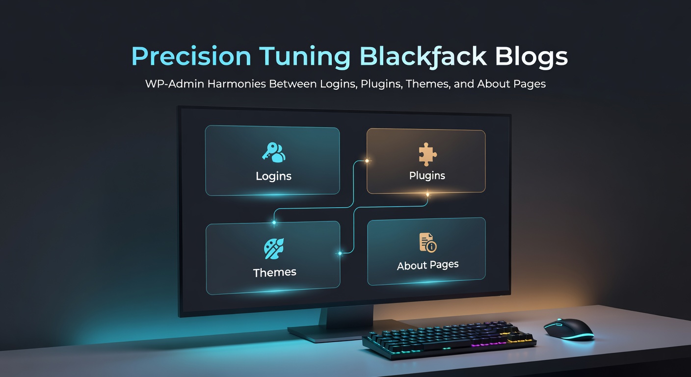 Schermafbeelding van WP-Admin dashboard met geharmoniseerde elementen voor een blackjack blog, inclusief login-sectie, plugins en theme-opties