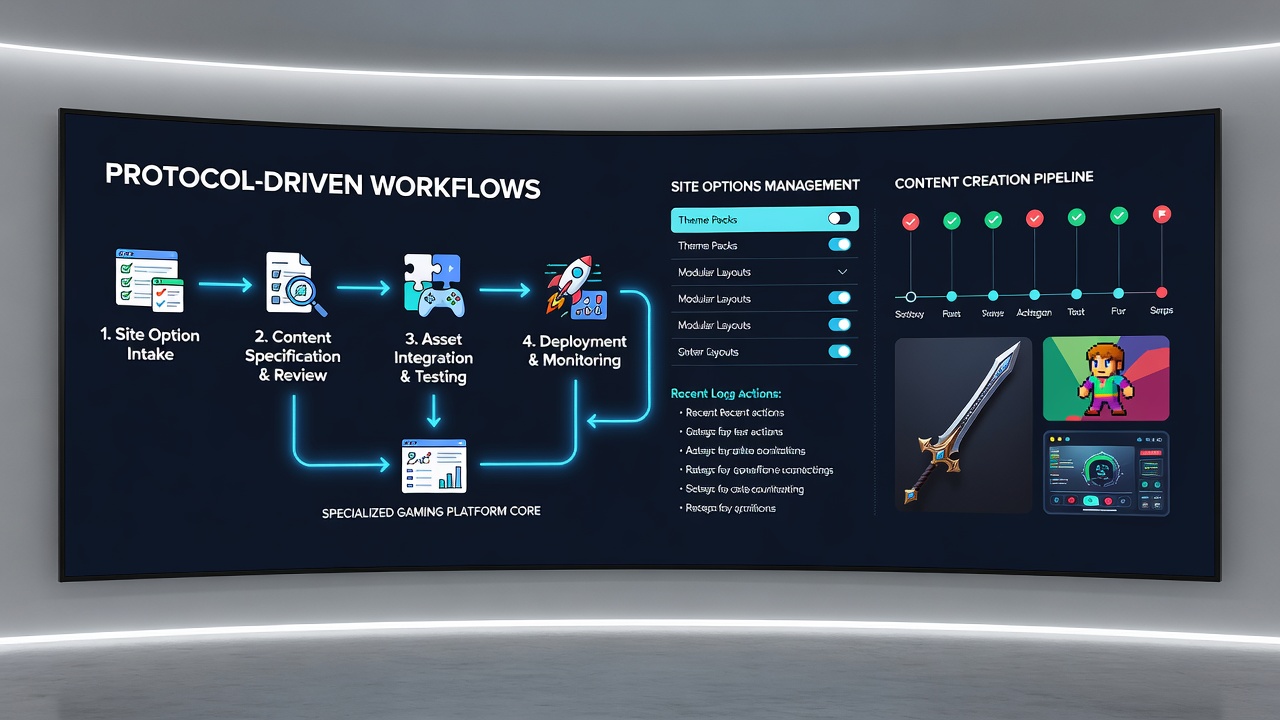 Workflowdiagram met protocollen die siteopties en contentcreatie verbinden in een gamingdashboard