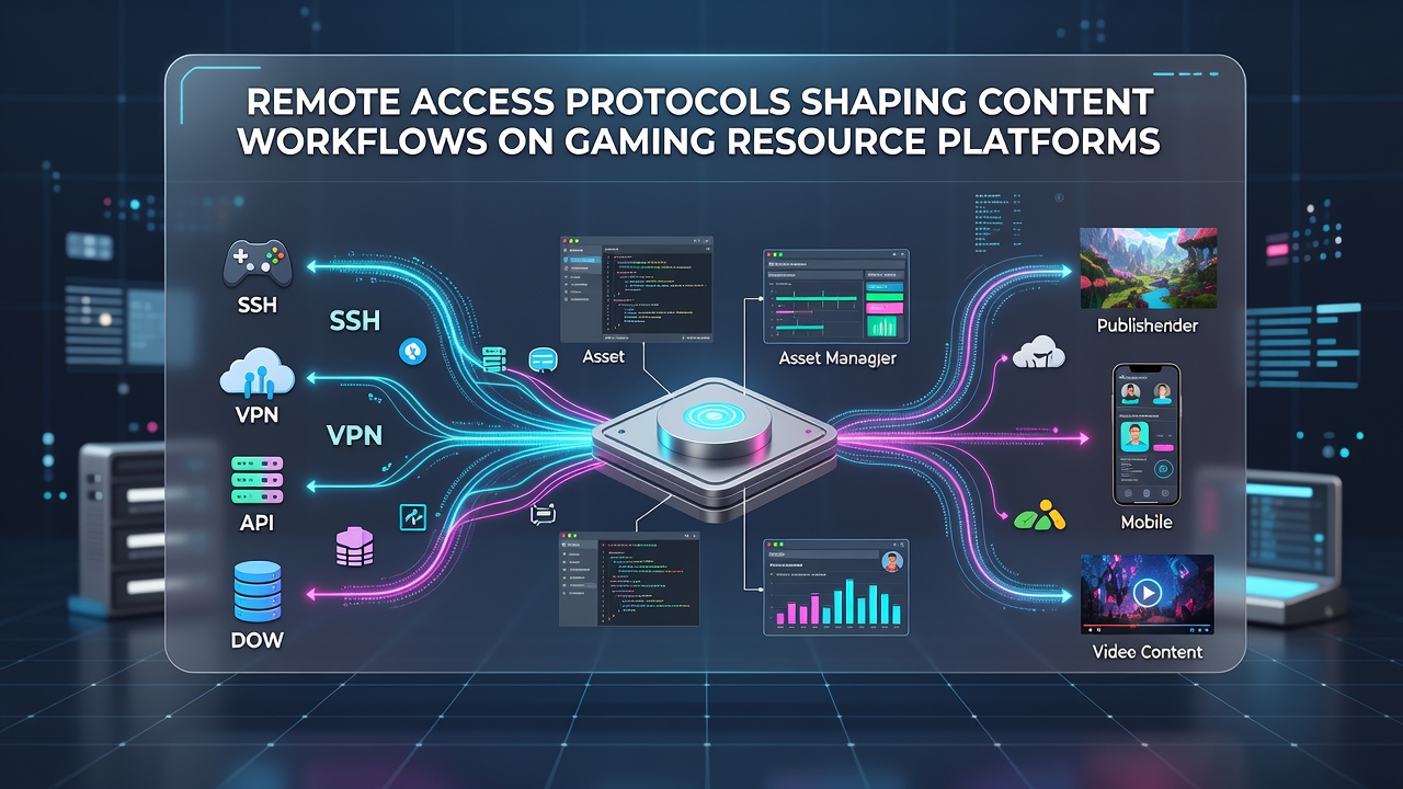 Illustratie van remote access protocollen die contentworkflows op gamingplatforms verbinden