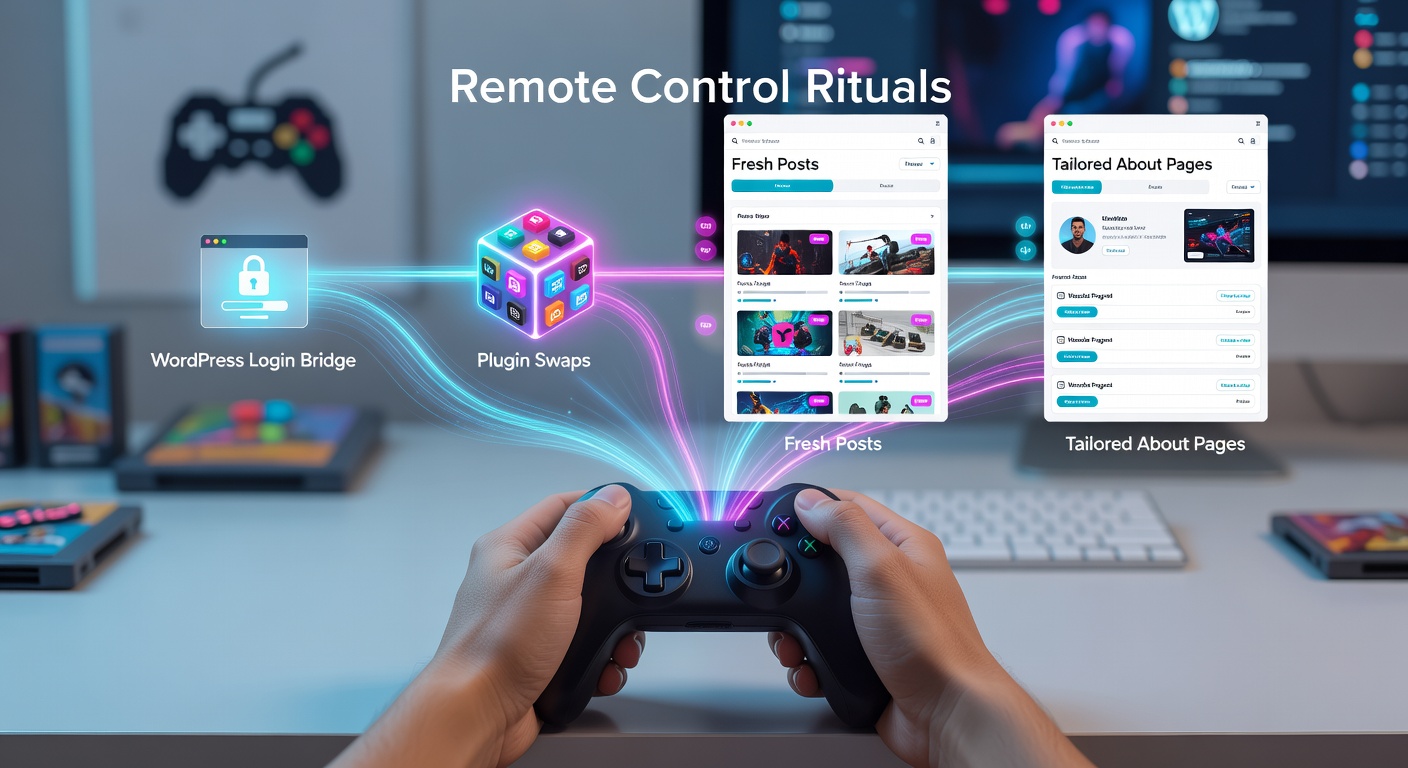 Schermafbeelding van een WordPress dashboard met remote koppelingen voor gaming blog beheer, inclusief plugin lijsten en post previews
