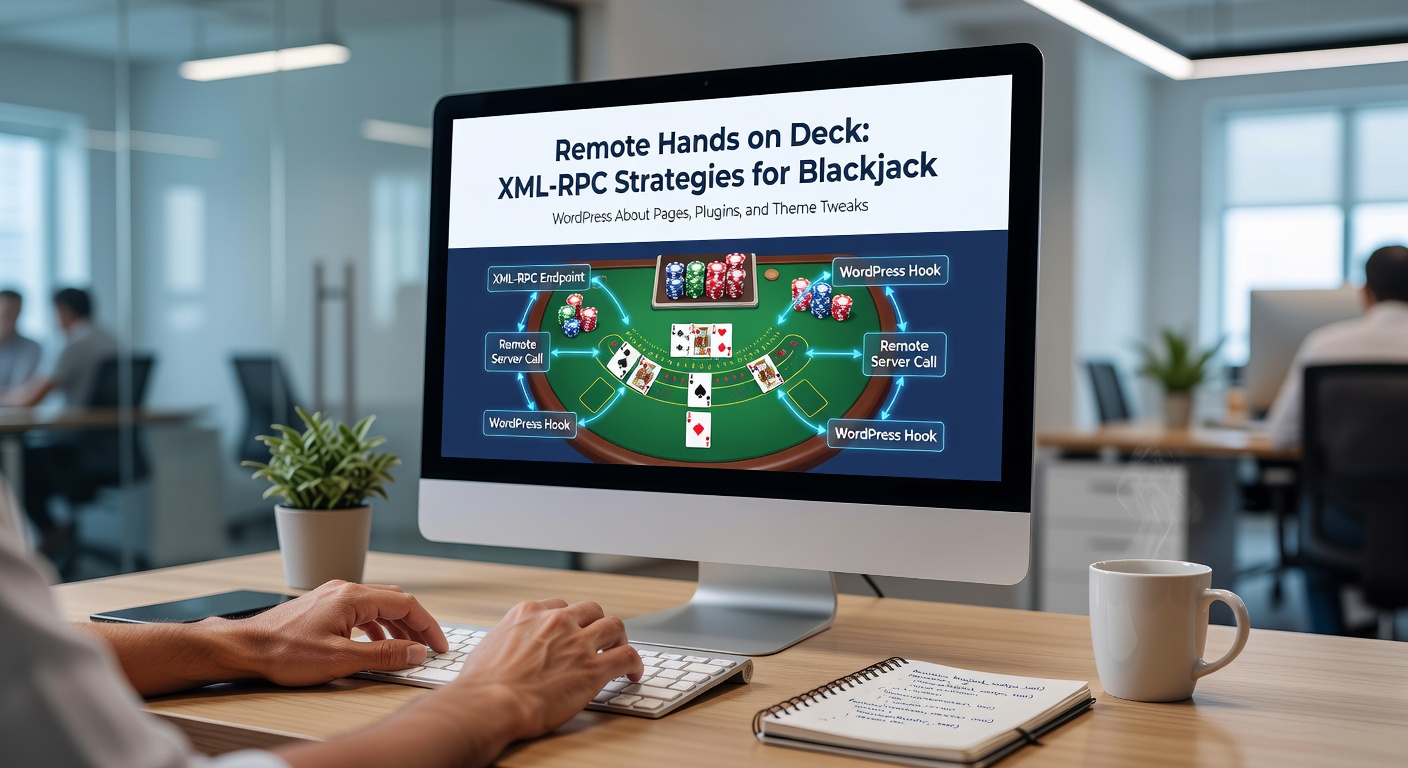 Schermafbeelding van een WordPress dashboard met XML-RPC calls voor een blackjack site, tonen remote updates op een over ons-pagina