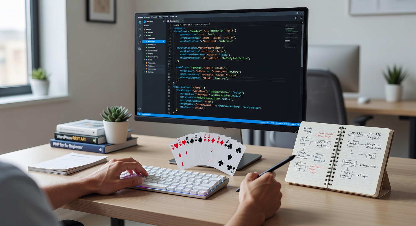 Voorbeeld van een XML-RPC script dat plugins installeert en configureert op een blackjack WordPress site, met zichtbare code snippets en dashboard-effecten