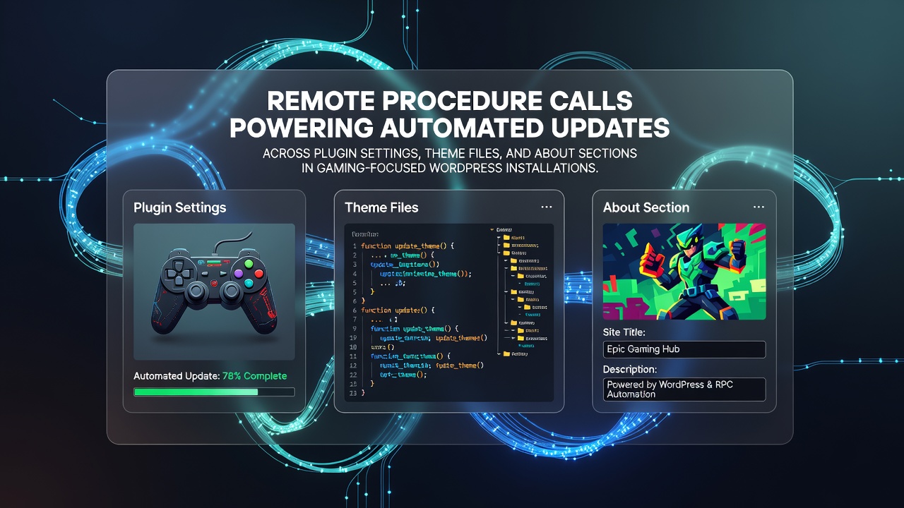 Illustratie van Remote Procedure Calls die updates synchroniseren tussen plugins, themabestanden en about-secties in WordPress