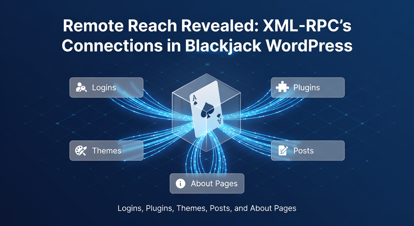 Schematische weergave van XML-RPC verbindingen in een WordPress dashboard voor blackjack blogs, met pijlen naar logins, plugins en content elementen