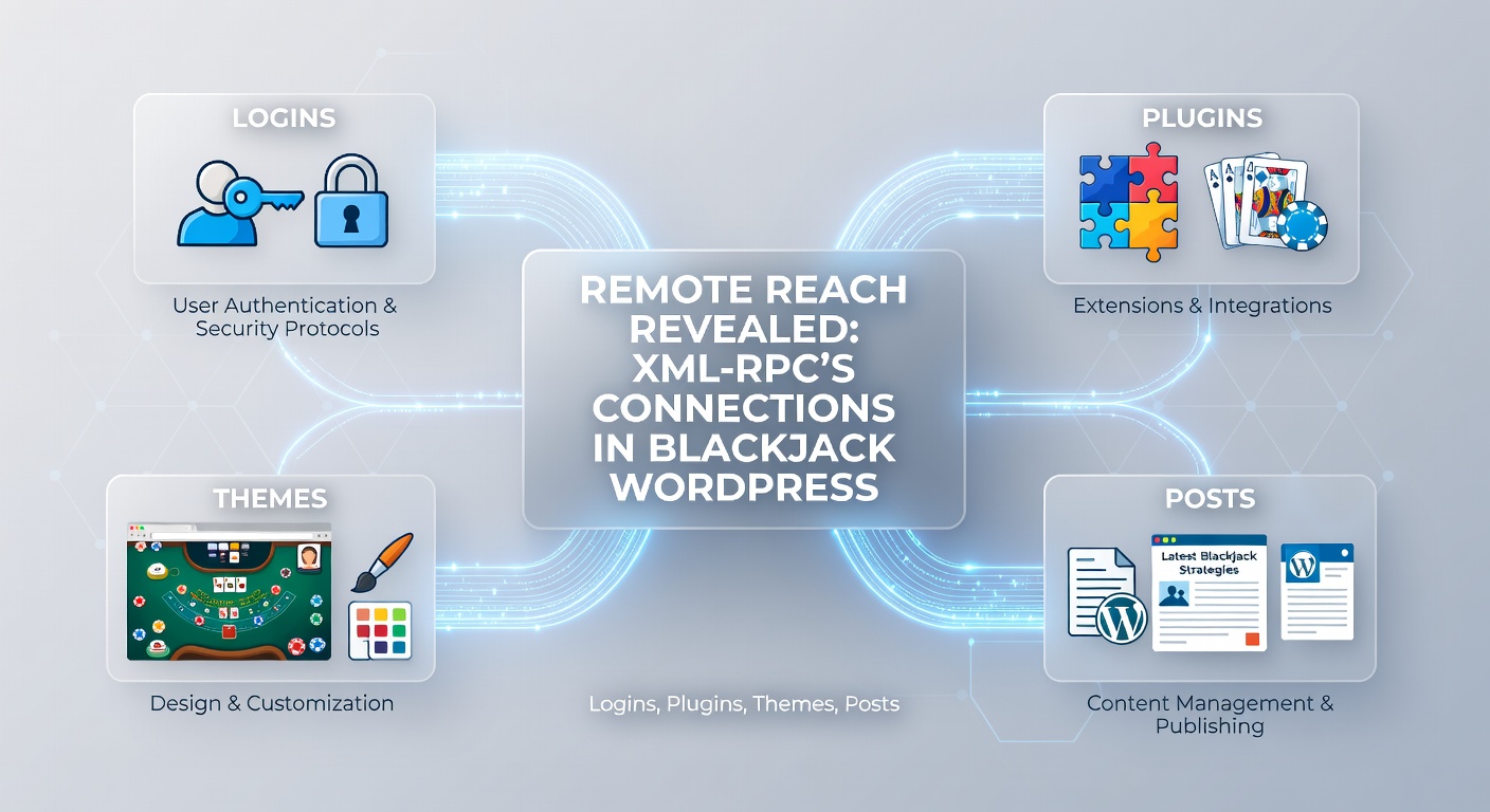 Voorbeeld van een XML-RPC script dat plugins activeert en posts genereert in een blackjack WordPress omgeving, met code snippets en dashboard previews