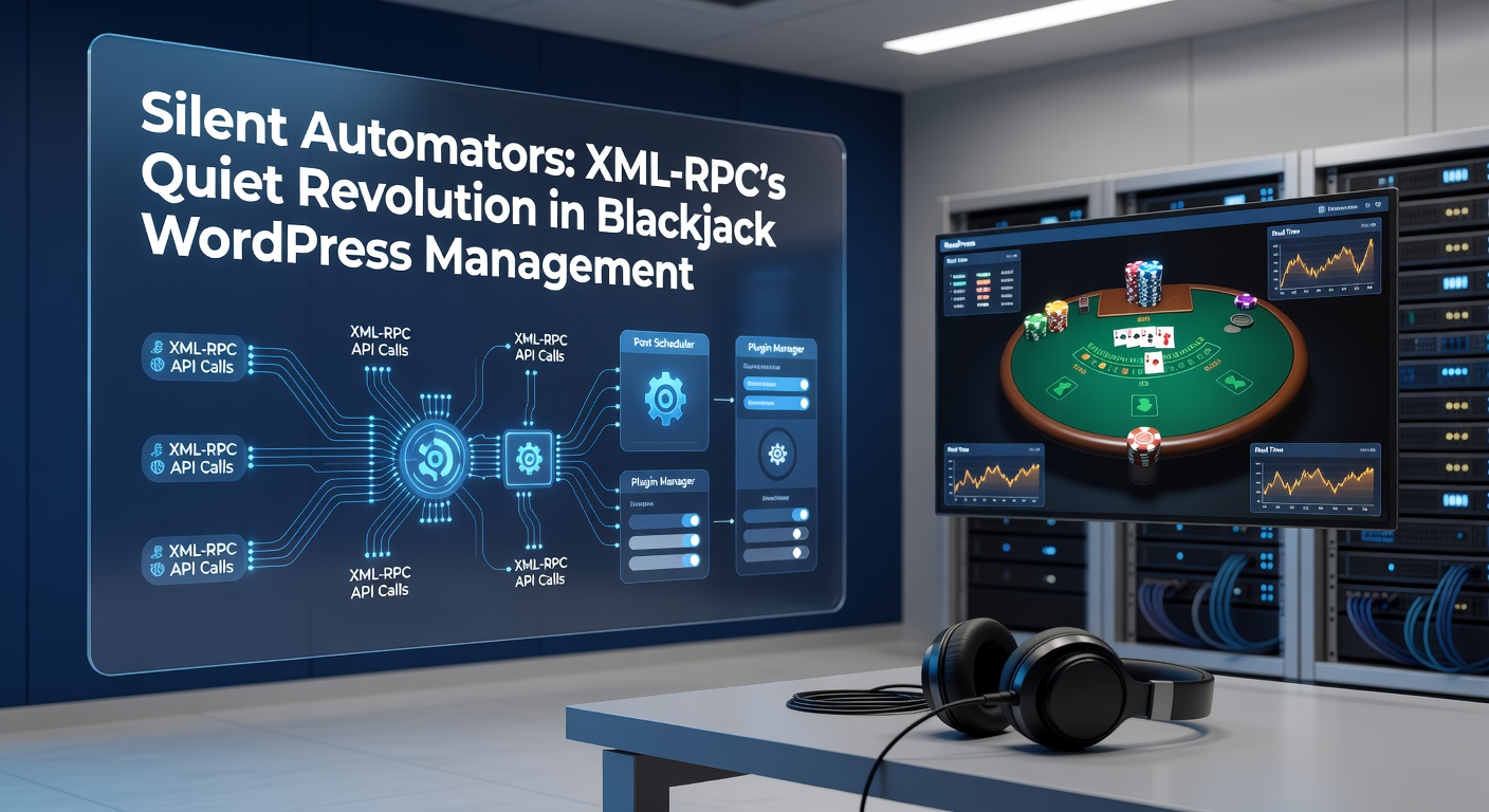 Schematisch overzicht van XML-RPC-integraties die op de achtergrond WordPress blackjack-sites beheren, met pijlen die automatiseringen tussen logins, plugins en content tonen