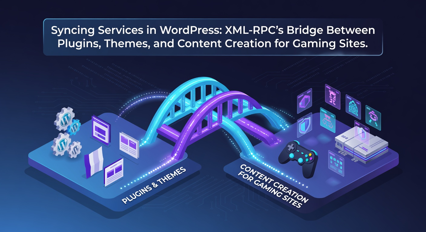 Overzicht van XML-RPC synchronisatie in een WordPress dashboard voor gaming sites, met zichtbare verbindingen tussen plugins, themes en content-elementen