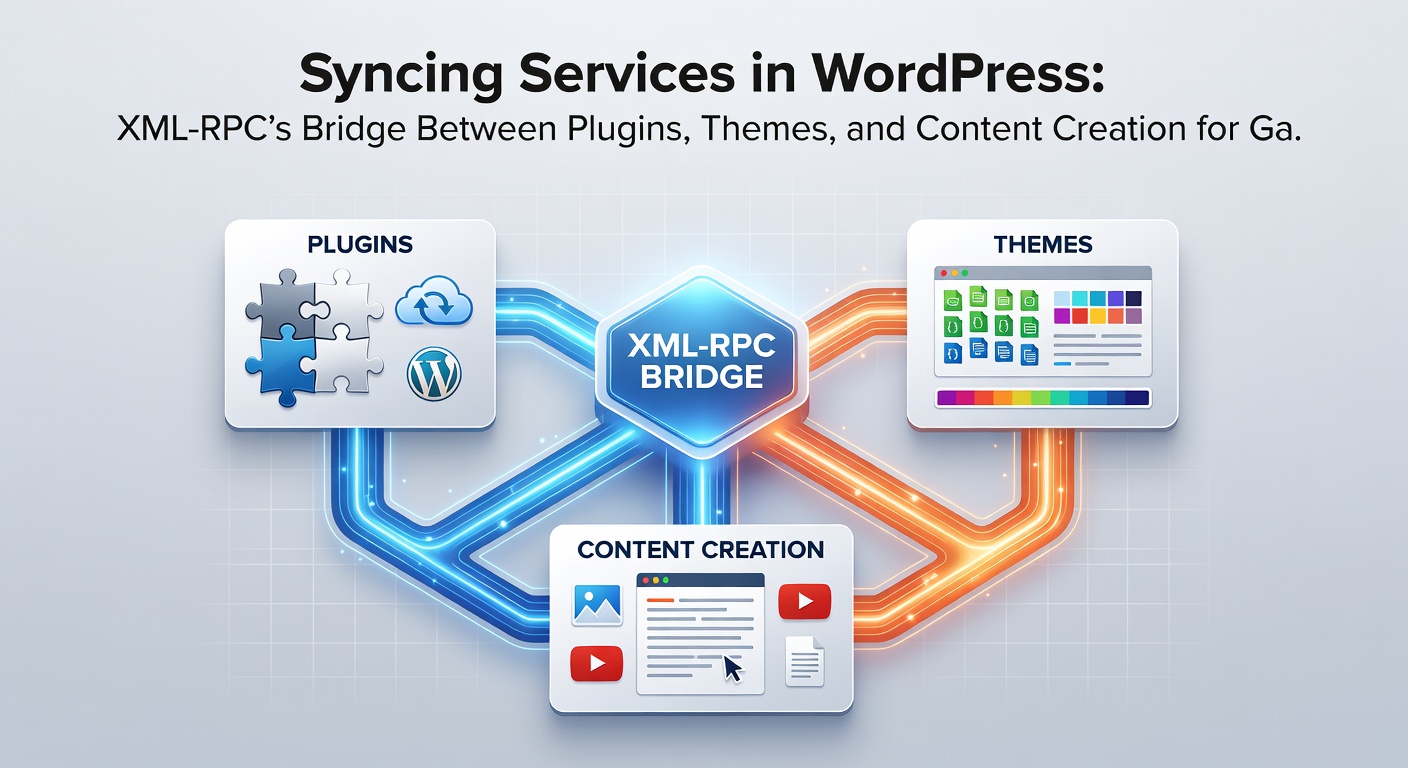 Voorbeeld van een XML-RPC workflow in actie op een gaming WordPress-site, met pijlen die synchronisatie tussen een plugin, thema en nieuwe post illustreren