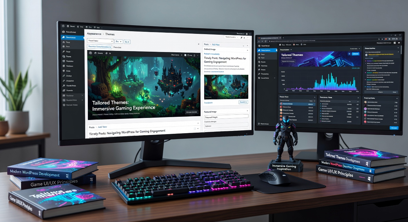 Schermafbeelding van een WordPress-dashboard met gaming-thema aanpassingen en postplanning