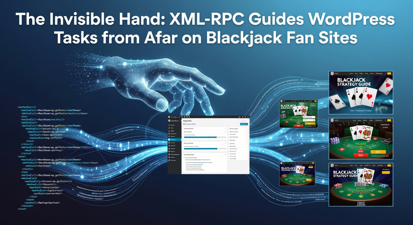 Schematische weergave van XML-RPC als onzichtbare hand die WordPress-elementen op blackjack sites op afstand aanstuurt, met pijlen die taken verbinden