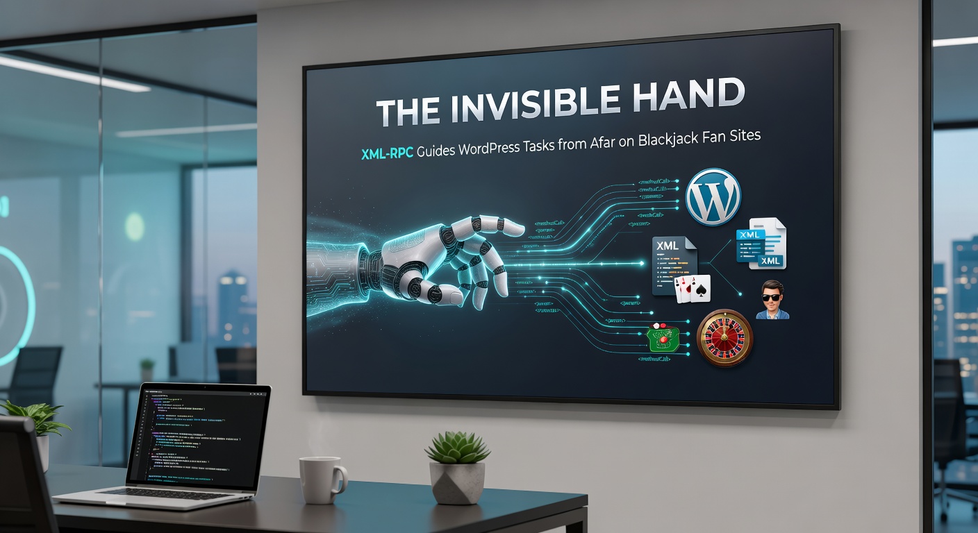 Voorbeeld van een XML-RPC-script in actie op een blackjack fan site, met codeblokken en WordPress-dashboard op de achtergrond