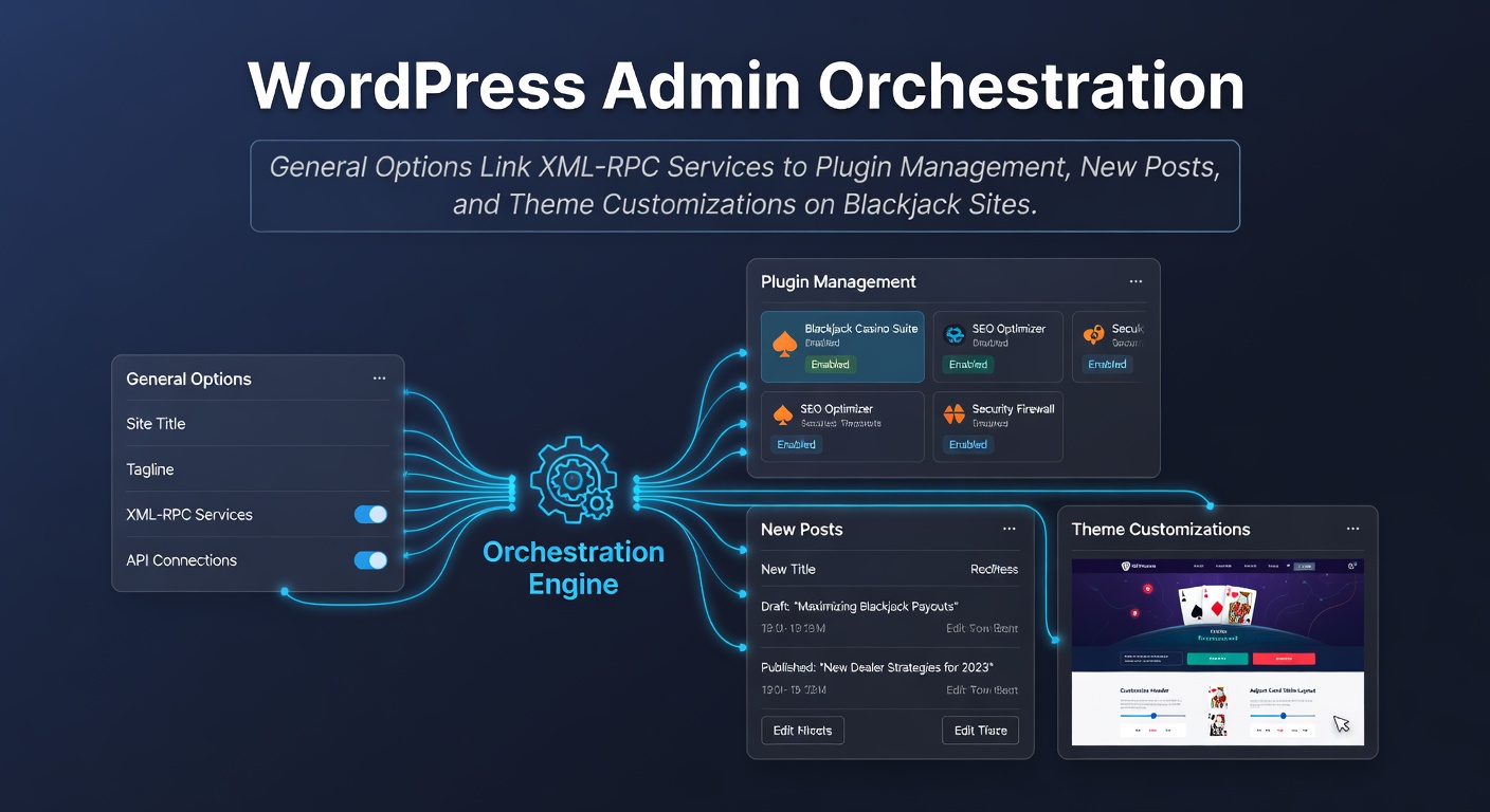 WordPress dashboard overzicht met XML-RPC integratie en algemene opties voor blackjack site beheer