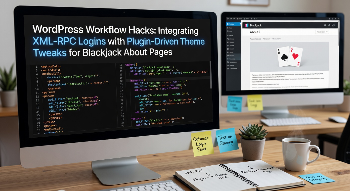 Schermafbeelding van een WordPress-dashboard met XML-RPC-instellingen en thema-aanpassingen voor een blackjack-site