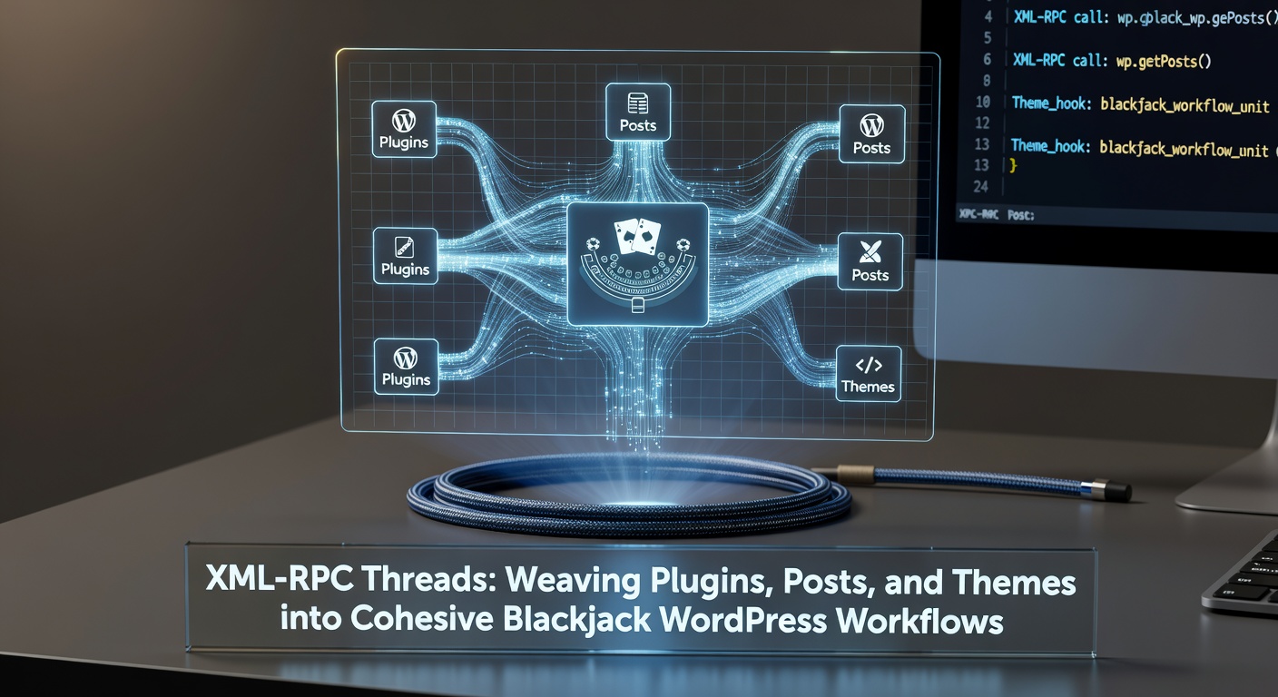 Diagram van XML-RPC threads die plugins, posts en themes verbinden in een WordPress workflow voor blackjack sites