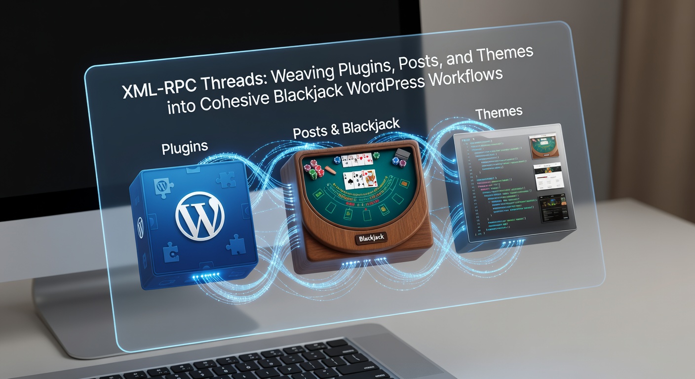 Voorbeeld van een WordPress dashboard met XML-RPC threads die theme-aanpassingen synchroniseren met blackjack-posts en plugins